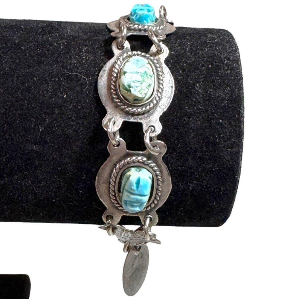 Vtg Egyptian Revival Faience Turquoise Blue Ceramic Scarab Silver Tone Bracelet